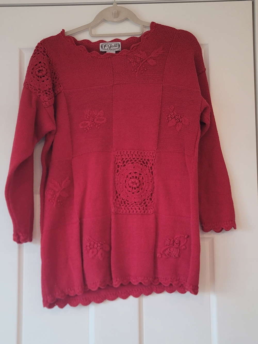 Vintage P'Galli Designs Red Crochet Patchwork Crewneck Sweater